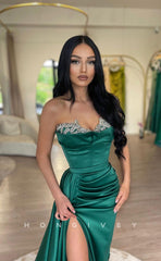L1034 - Crystal Beaded Strapless Ruched With Train And Slit Evening  Prom Formal Prom Party Dress