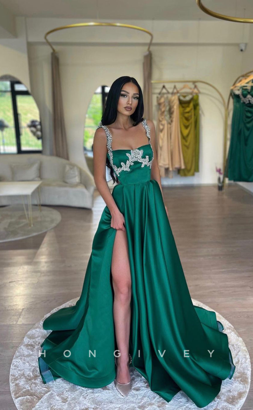 L1035 - Ornate Crystal Beaded Ruched With Train And Slit Evening Formal Party Prom Dress