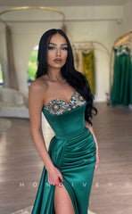 L1036 - Crystal Beaded Ruched With Train And Slit Evening Party Prom Formal Dress