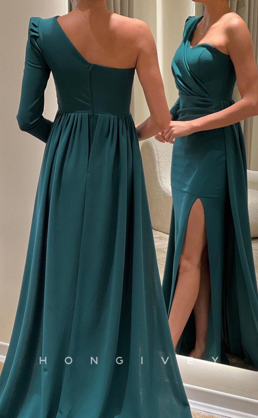 L1043 - Simple One Sleeve With Train And Slit Party Prom Formal Evening Dress