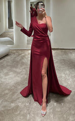 L1043 - Simple One Sleeve With Train And Slit Party Prom Formal Evening Dress