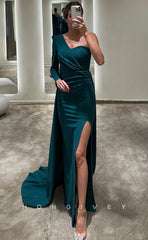 L1043 - Simple One Sleeve With Train And Slit Party Prom Formal Evening Dress