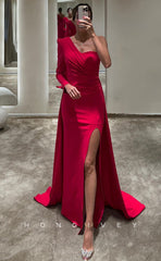 L1043 - Simple One Sleeve With Train And Slit Party Prom Formal Evening Dress
