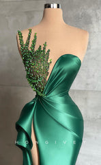 L1044 - Sense Of Design Crystal Beaded Strapless With Train And Slit Party Formal Evening Prom Dress