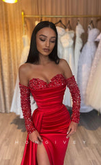 L1045 - Sequined Embellished Long Sleeve Ruched With Train And Slit Party Formal Evening Prom Dress