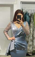 L1046 - Sparkly Beaded Embellished Long Sleeve With Train Party Formal Evening Prom Dress