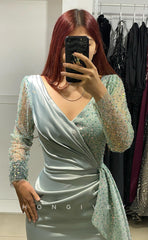 L1047 - Sparkly Sequined Beaded Embellished Long Sleeve With Train Party Formal Evening Prom Dress