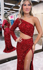 L1051 - Fully Sequined Cutout One Shoulder With Train And Slit Party Prom Formal Evening Dress