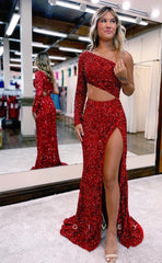 L1051 - Fully Sequined Cutout One Shoulder With Train And Slit Party Prom Formal Evening Dress