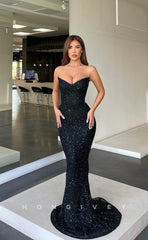 L1055 - Glitter Strapless Fully Sequined Mermaid With Train And Slit Formal Evening Party Prom Dress