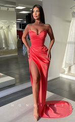 L1057 - Simple Strapless Ruched With Train And Slit Evening Party Prom Formal Dress