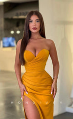 L1058 - Simple Sexy Strapless Ruched With Train And Slit Evening Formal Party Prom Dress