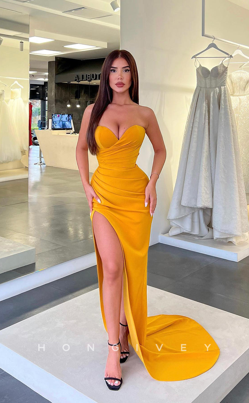 L1058 - Simple Sexy Strapless Ruched With Train And Slit Evening Formal Party Prom Dress