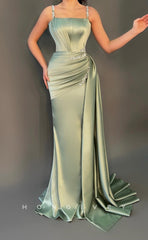 L1062 - Couture Crystal Beaded Ruched With Train Formal Party Prom Evening Dress