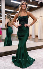 L1063 - Beaded Lace Embroidered Cross-Neck Illusion Mermaid With Train Formal Party Prom Evening Dress