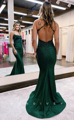 L1063 - Beaded Lace Embroidered Cross-Neck Illusion Mermaid With Train Formal Party Prom Evening Dress