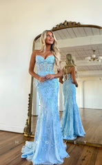 L1066 - Sparkly Fully Lace Embroidered Illusion Strapless Mermaid With Train Evening Formal Party Prom Dress