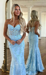 L1066 - Sparkly Fully Lace Embroidered Illusion Strapless Mermaid With Train Evening Formal Party Prom Dress