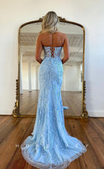 L1066 - Sparkly Fully Lace Embroidered Illusion Strapless Mermaid With Train Evening Formal Party Prom Dress