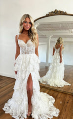 L1067 - Sweet Fully Lace Illusion With Train And Slit Cake Evening Formal Party Prom Dress