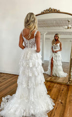 L1067 - Sweet Fully Lace Illusion With Train And Slit Cake Evening Formal Party Prom Dress