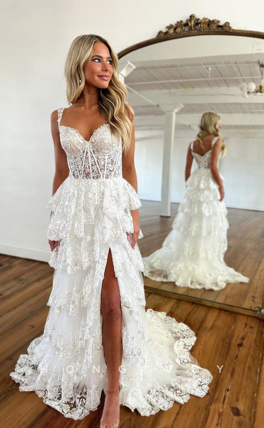 L1067 - Sweet Fully Lace Illusion With Train And Slit Cake Evening Formal Party Prom Dress