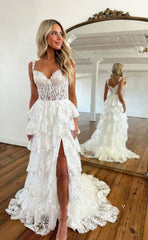 L1067 - Sweet Fully Lace Illusion With Train And Slit Cake Evening Formal Party Prom Dress