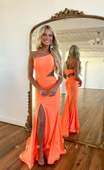 L1068 - Sexy One Shoulder Cutout With Train And Slit Formal Party Prom Evening Dress