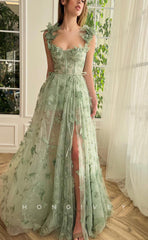 L1071 - Illusion Butterfly Embossed Strappy With Train And Slit Evening Formal Party Prom Dress