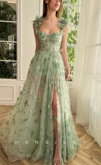 L1071 - Illusion Butterfly Embossed Strappy With Train And Slit Evening Formal Party Prom Dress