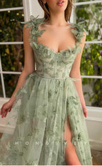 L1071 - Illusion Butterfly Embossed Strappy With Train And Slit Evening Formal Party Prom Dress