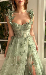 L1071 - Illusion Butterfly Embossed Strappy With Train And Slit Evening Formal Party Prom Dress