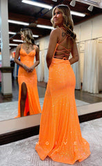 L1074 - Sparkly Crisscross Back With Train And Slit Formal Party Evening Prom Dress