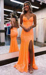 L1074 - Sparkly Crisscross Back With Train And Slit Formal Party Evening Prom Dress