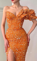 L1075 - Sparkly Fully Sequined Design Neckline Strapless With Train And Slit Party Evening Prom Formal Dress