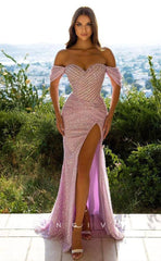 L1076 - Sparkly Fully Sequined With Train And Slit Party Prom Formal Evening Dress