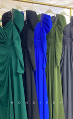 L1079 - Crystal Beaded Long Sleeves Mermaid With Train And Slit  Evening Party Prom Formal Dress
