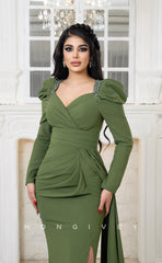 L1079 - Crystal Beaded Long Sleeves Mermaid With Train And Slit  Evening Party Prom Formal Dress