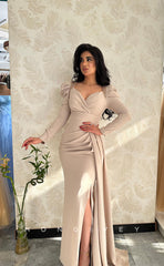 L1079 - Crystal Beaded Long Sleeves Mermaid With Train And Slit  Evening Party Prom Formal Dress