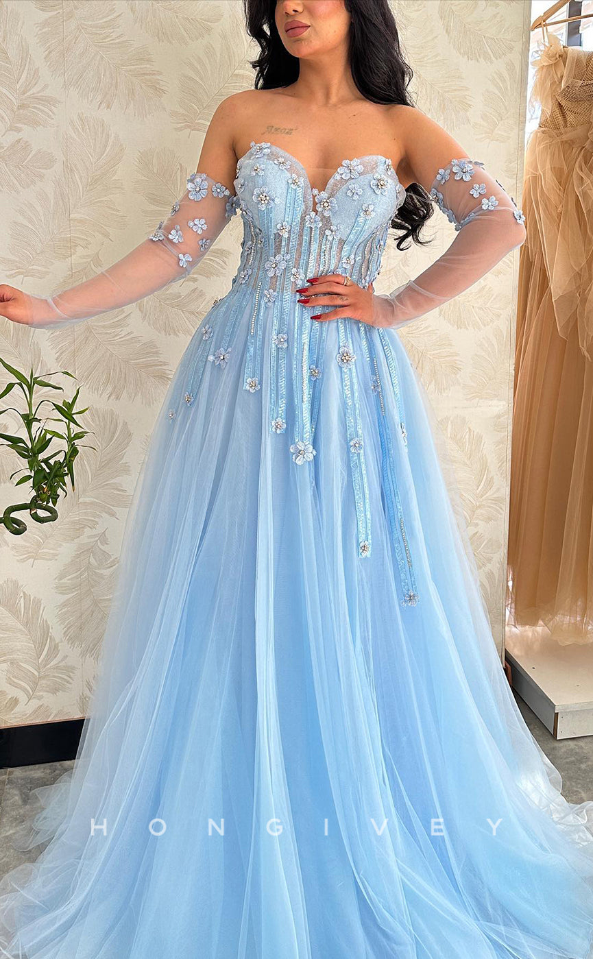 L1082 - Floral Embossed Sheer Strapless With Train Party Prom Formal Evening Dress