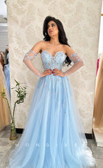 L1082 - Floral Embossed Sheer Strapless With Train Party Prom Formal Evening Dress