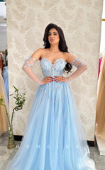 L1082 - Floral Embossed Sheer Strapless With Train Party Prom Formal Evening Dress