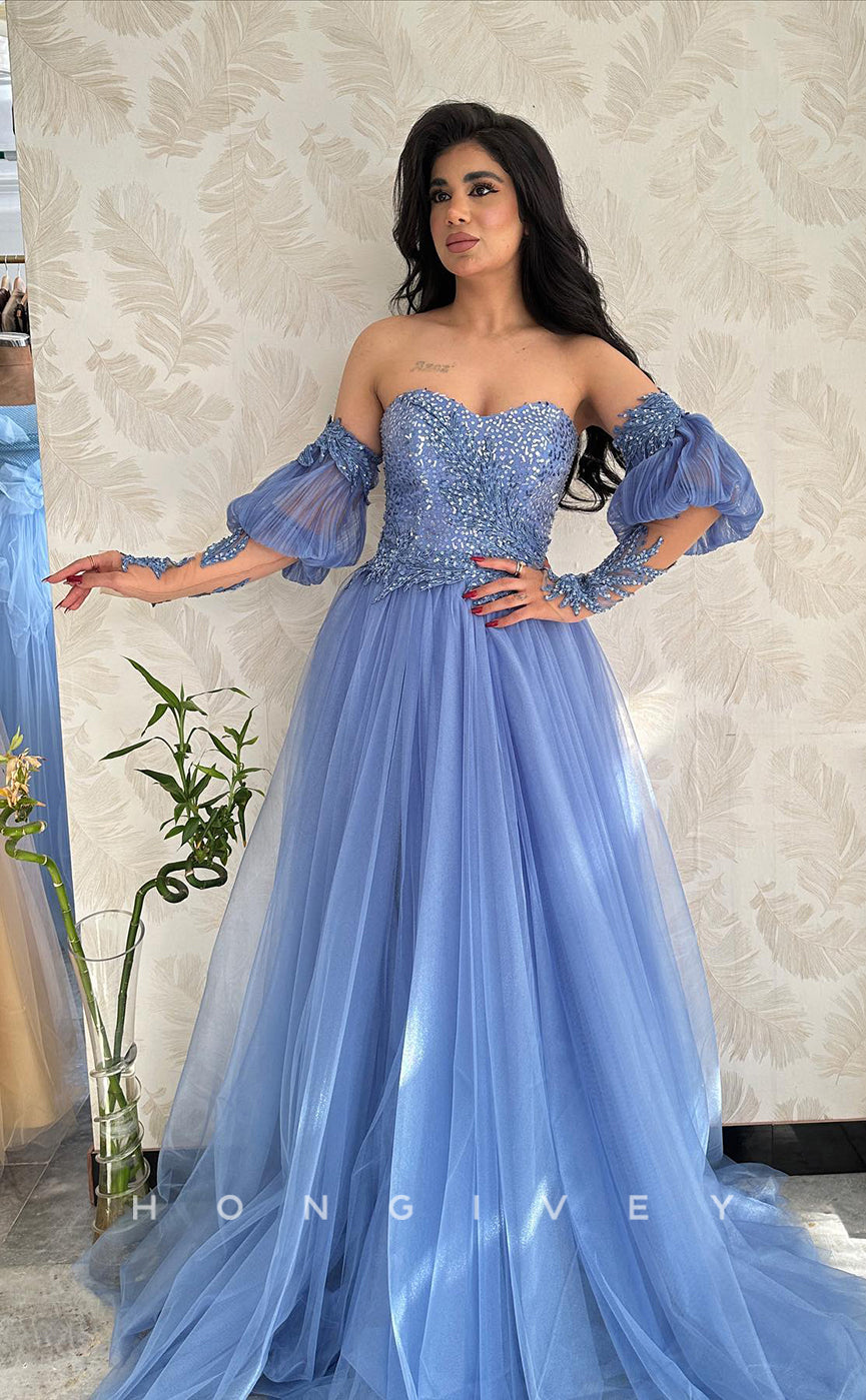 L1083 - Sequined Puff Sleeve Sheer Strapless With Train Formal Evening Party Prom Dress