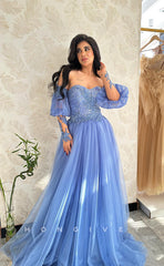 L1083 - Sequined Puff Sleeve Sheer Strapless With Train Formal Evening Party Prom Dress