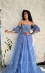 L1083 - Sequined Puff Sleeve Sheer Strapless With Train Formal Evening Party Prom Dress