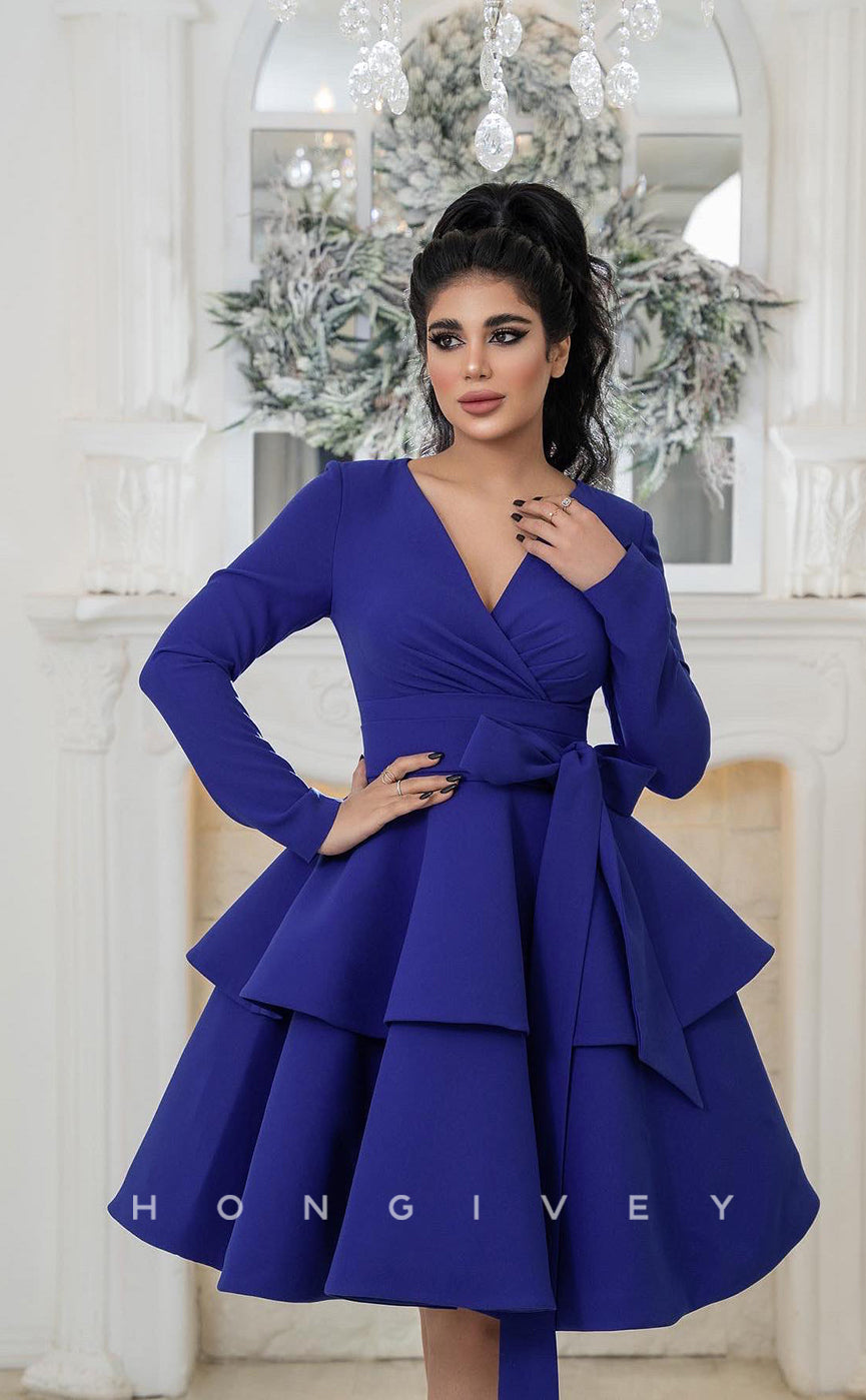 L1084 - Simple Long Sleeves With Bow Detail Cake Formal Evening Party Prom Dress