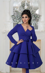 L1084 - Simple Long Sleeves With Bow Detail Cake Formal Evening Party Prom Dress