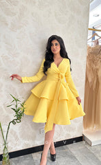 L1084 - Simple Long Sleeves With Bow Detail Cake Formal Evening Party Prom Dress