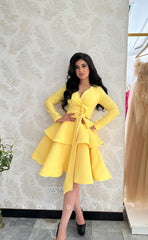 L1084 - Simple Long Sleeves With Bow Detail Cake Formal Evening Party Prom Dress