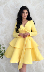 L1084 - Simple Long Sleeves With Bow Detail Cake Formal Evening Party Prom Dress